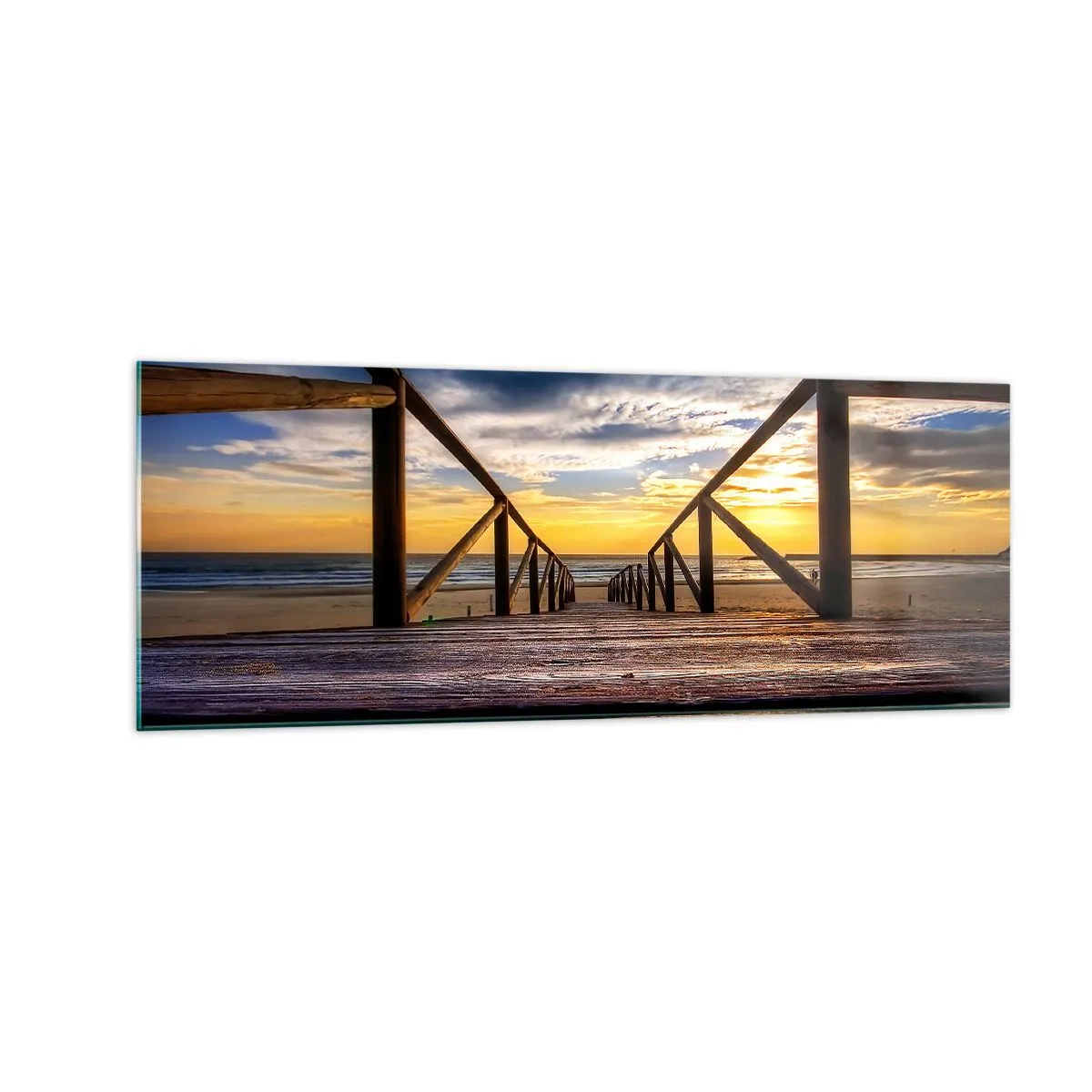 Glasbild - Bild auf glas - Holzsteg zum Strand bei Sonnenuntergang - 140x50cm - Direkt zum ruhigen Strand bei Sonnenuntergang - Moderne Wanddekoration für Wohnzimmer und Schlafzimmer ARTTOR