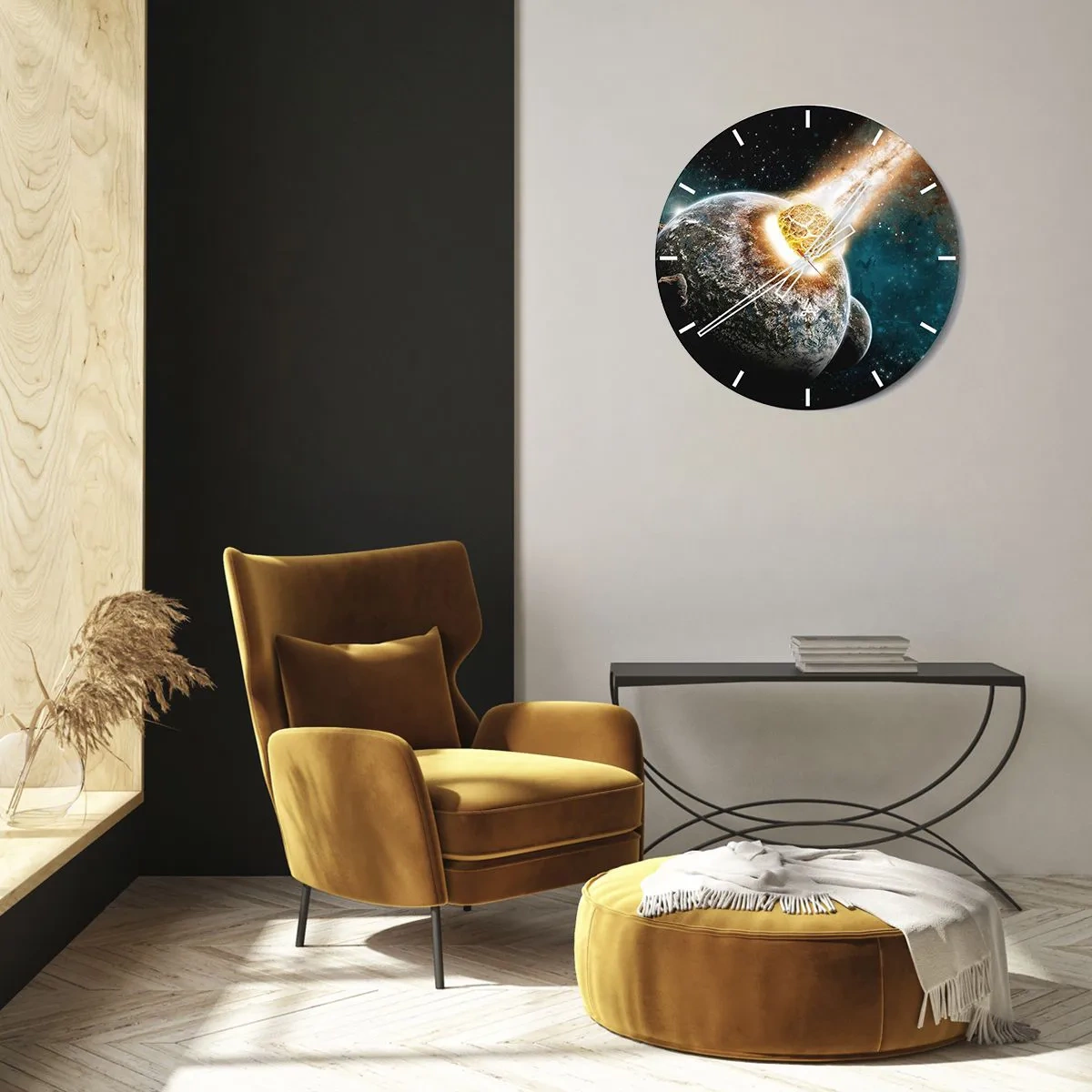Wanduhr - Glasuhr - Erde und Meteorit in kosmischer Explosion - 30x30cm - Holocaust oder Geburt? - Moderne Wanddekoration für Wohnzimmer, Küche und Schlafzimmer ARTTOR