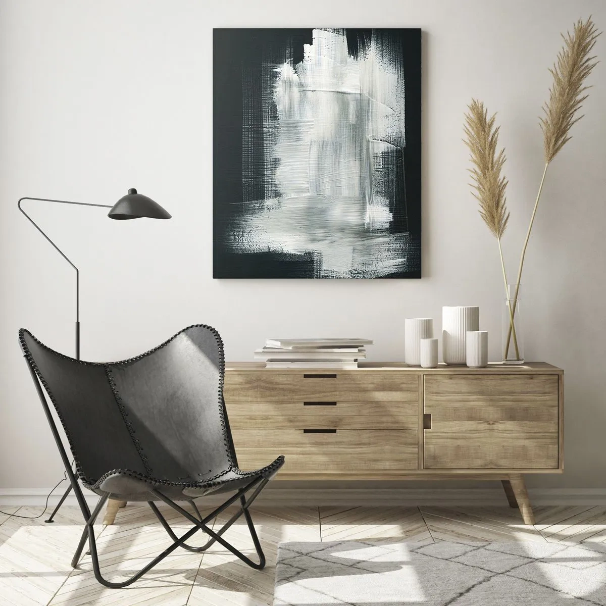 Glasbild - Bild auf glas - Minimalistische Abstraktion in Schwarzweiß - 50x70cm - Vertikal und horizontal gewebt - Moderne Wanddekoration für Wohnzimmer und Schlafzimmer ARTTOR