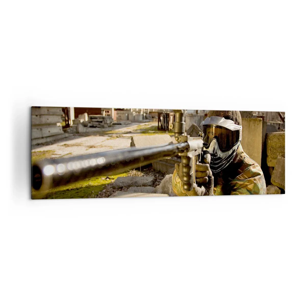 Bild auf Leinwand - Leinwandbild - Ein Paintball-Spieler in Tarnkleidung zielt mit einem Markierer - 160x50cm - Auch du kannst ein Held werden - Moderne Wanddekoration für Wohnzimmer und Schlafzimmer ARTTOR