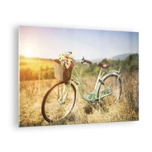 Glasbild - Bild auf glas - Retro-Fahrrad mit Blumen vor einem natürlichen Hintergrund - 70x50cm - Ich bleibe eine Weile hier - Moderne Wanddekoration für Wohnzimmer und Schlafzimmer ARTTOR