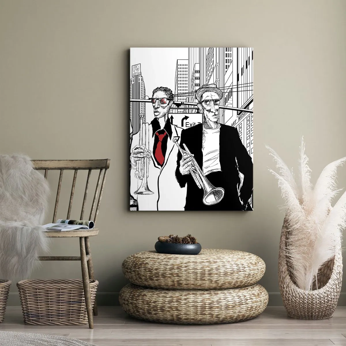 Bild auf Leinwand - Leinwandbild - Illustration von Jazzmusikern vor urbaner Kulisse - 70x100cm - Urbane Rhapsodie in Schwarz und Rot - Moderne Wanddekoration für Wohnzimmer und Schlafzimmer ARTTOR