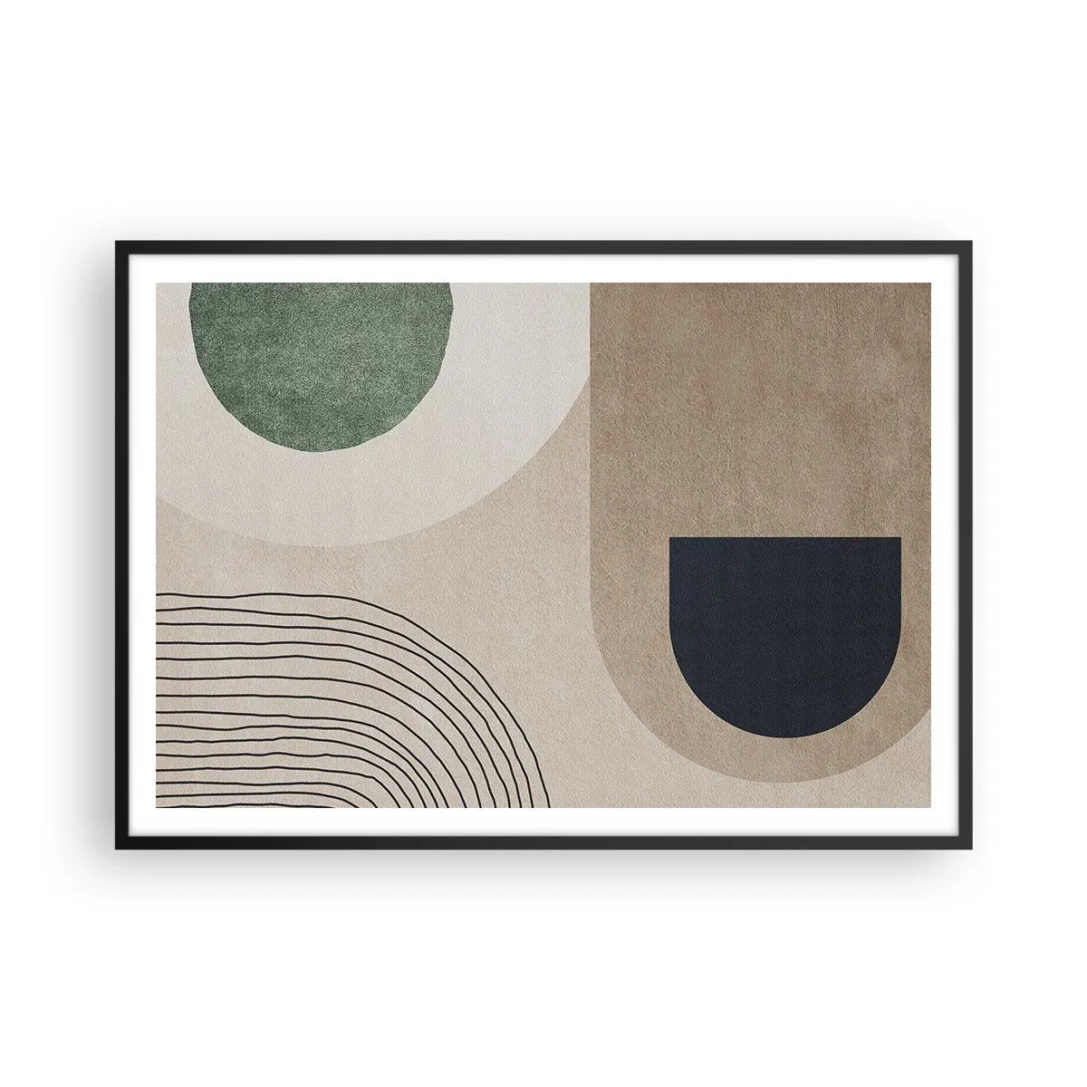 Poster in einem schwarzem Rahmen - Geometrische Formen in Beige- und Grüntönen - 100x70cm - Sanftheit des Ovals - Moderne Wanddekoration für Wohnzimmer und Schlafzimmer ARTTOR