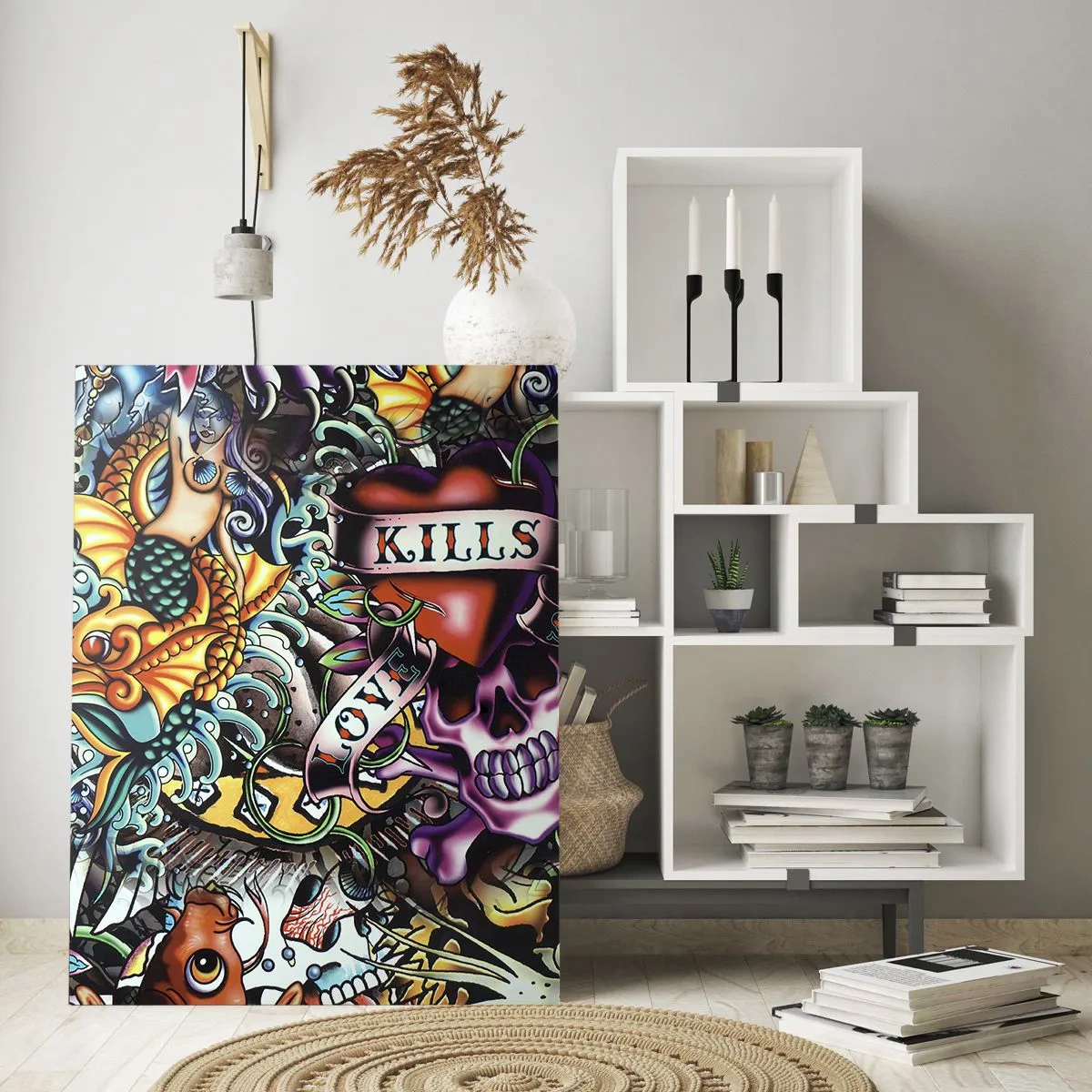 Glasbild - Bild auf glas - Farbenfrohe Kunstwerke im Tattoo-Stil mit Totenköpfen und nautischen Motiven - 80x120cm - Der Traum des Tätowierers - Moderne Wanddekoration für Wohnzimmer und Schlafzimmer ARTTOR