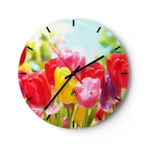 Wanduhr - Glasuhr - Bunte Tulpen vor einem hellen, sonnigen Himmel - 30x30cm - Wir sind es, die Farben des Mais! - Moderne Wanddekoration für Wohnzimmer, Küche und Schlafzimmer ARTTOR
