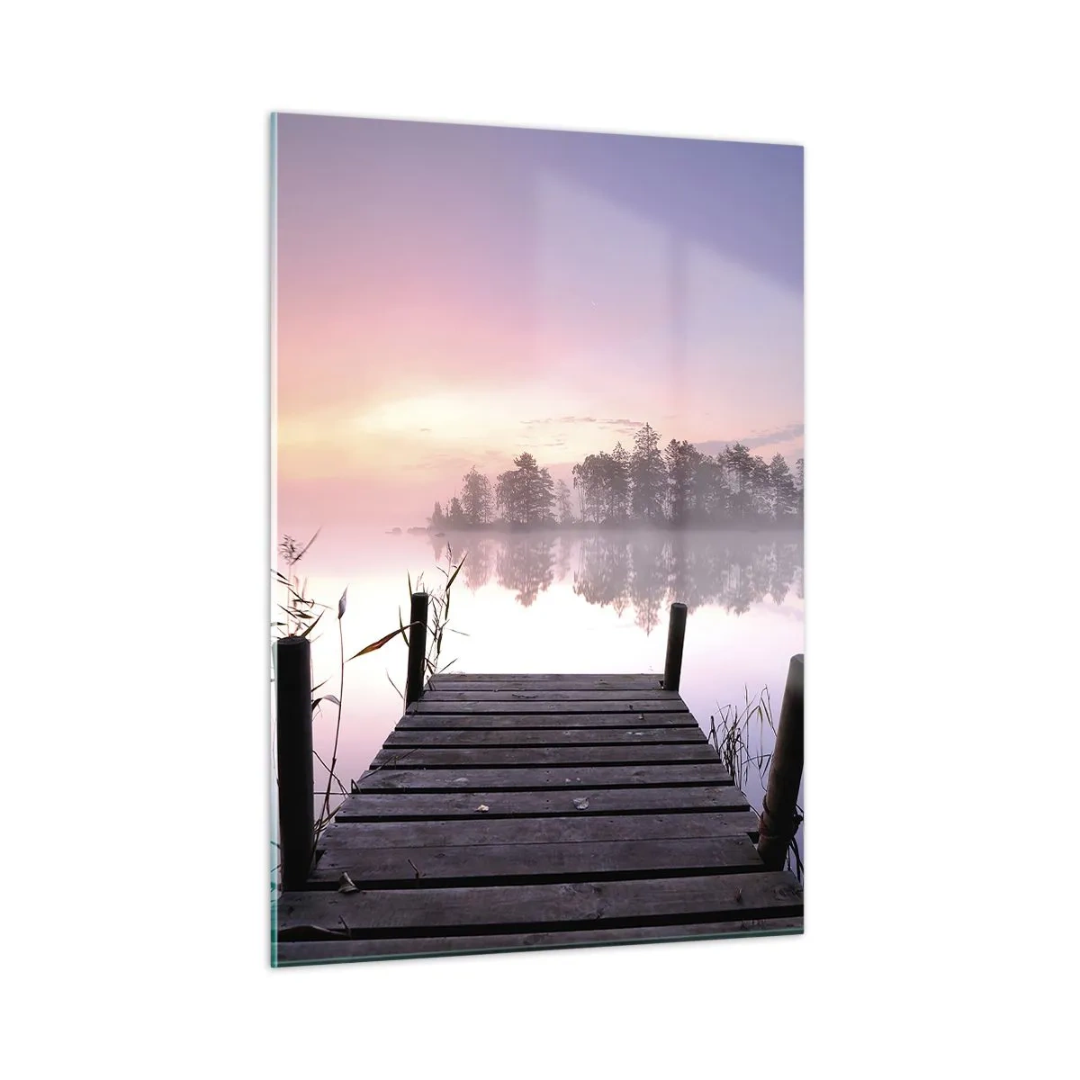 Glasbild - Bild auf glas - Ein Pier bei Sonnenaufgang über einem ruhigen See - 50x70cm - Aus dem lila Nebel ... - Moderne Wanddekoration für Wohnzimmer und Schlafzimmer ARTTOR