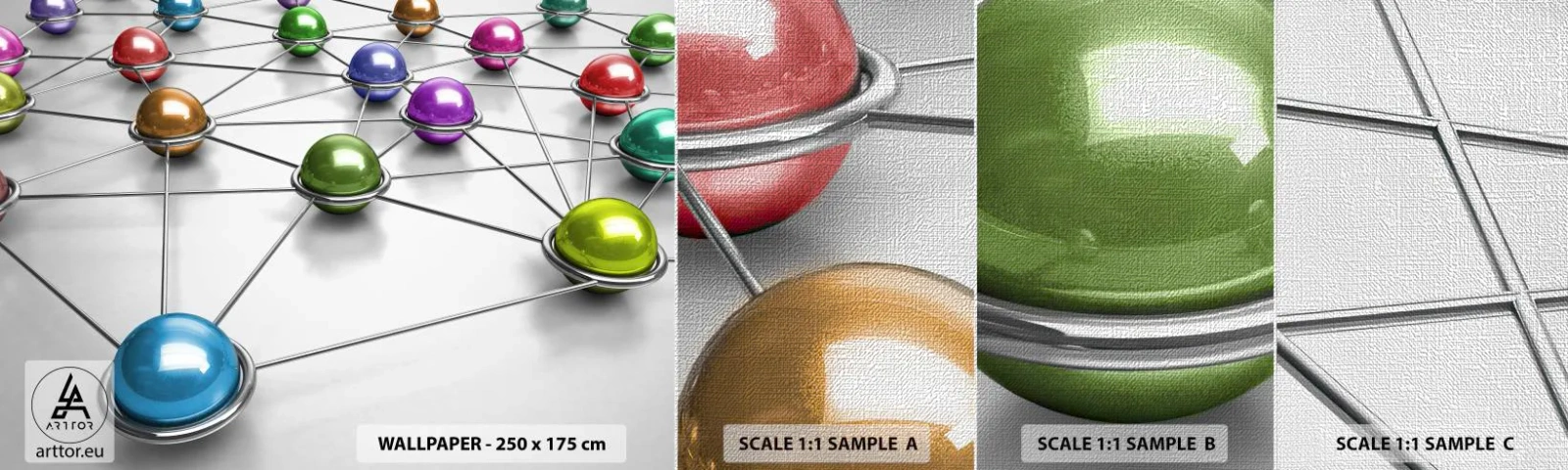 Fototapeten Muster Premium Canvas - Kosmisches Spinnennetz - Abstraktion, Metallkugeln, 3D - 100x30 cm