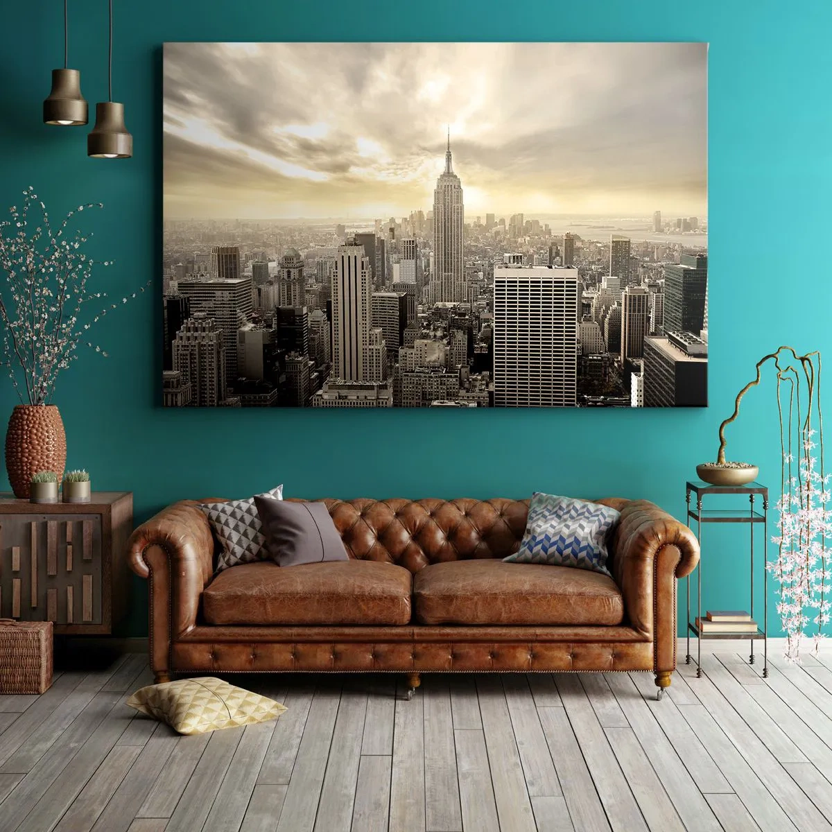 Bild auf Leinwand - Leinwandbild - Panorama der Stadt mit Blick auf das Empire State Building - 100x70cm - New York aus Grau - Moderne Wanddekoration für Wohnzimmer und Schlafzimmer ARTTOR