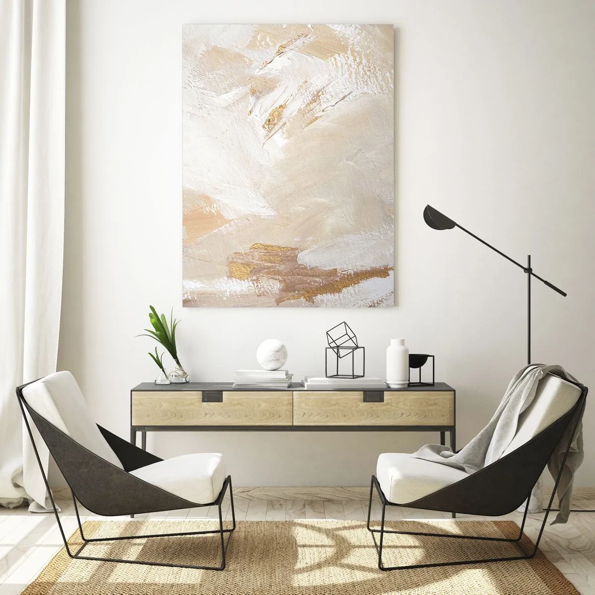 Glasbild - Bild auf glas - Zarte abstrakte Töne in Beige- und Goldtönen - 80x120cm - Pastellkomposition - Moderne Wanddekoration für Wohnzimmer und Schlafzimmer ARTTOR