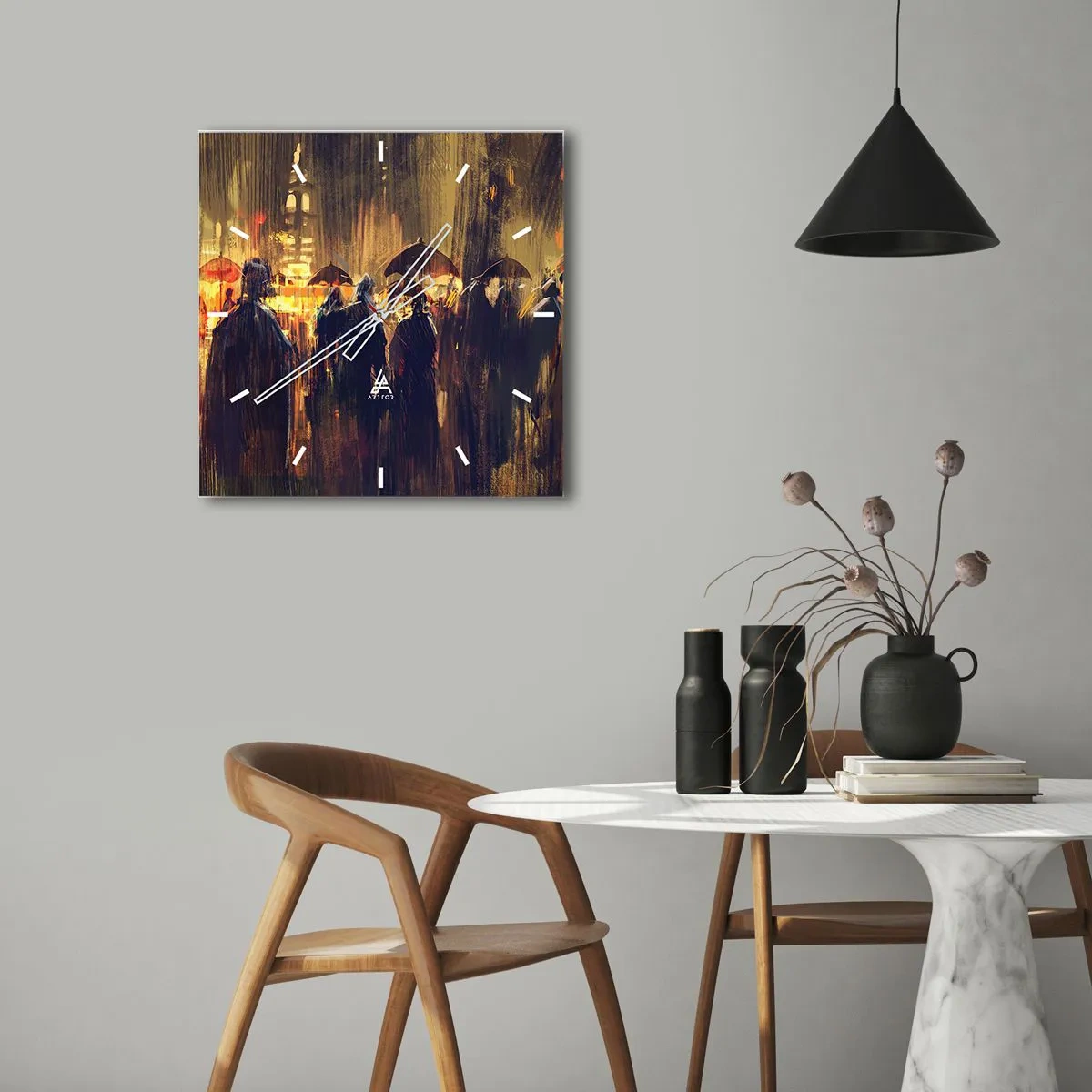 Wanduhr - Glasuhr - Figuren mit Regenschirmen in einer verregneten Stadt bei Nacht - 30x30cm - Anhänger des Regens - Moderne Wanddekoration für Wohnzimmer und Schlafzimmer ARTTOR
