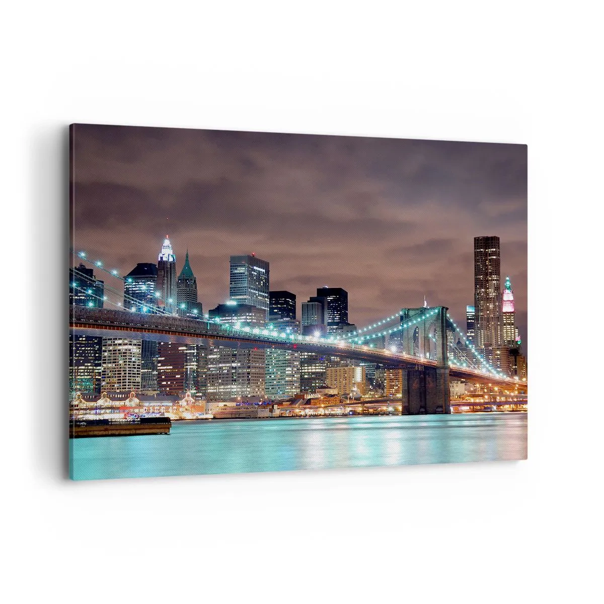Bild auf Leinwand - Leinwandbild - Die nachts beleuchtete Brücke vor dem Hintergrund des modernen Stadtpanoramas - 100x70cm - Lichter der Großstadt - Moderne Wanddekoration für Wohnzimmer und Schlafzimmer ARTTOR