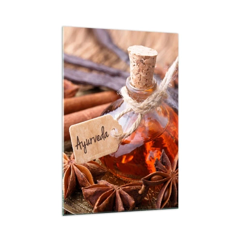 Glasbild - Bild auf glas - Eine Flasche Gewürzöl auf einem Tablett - 70x100cm - Zur Einheit von Körper und Geist - Moderne Wanddekoration für Wohnzimmer und Schlafzimmer ARTTOR