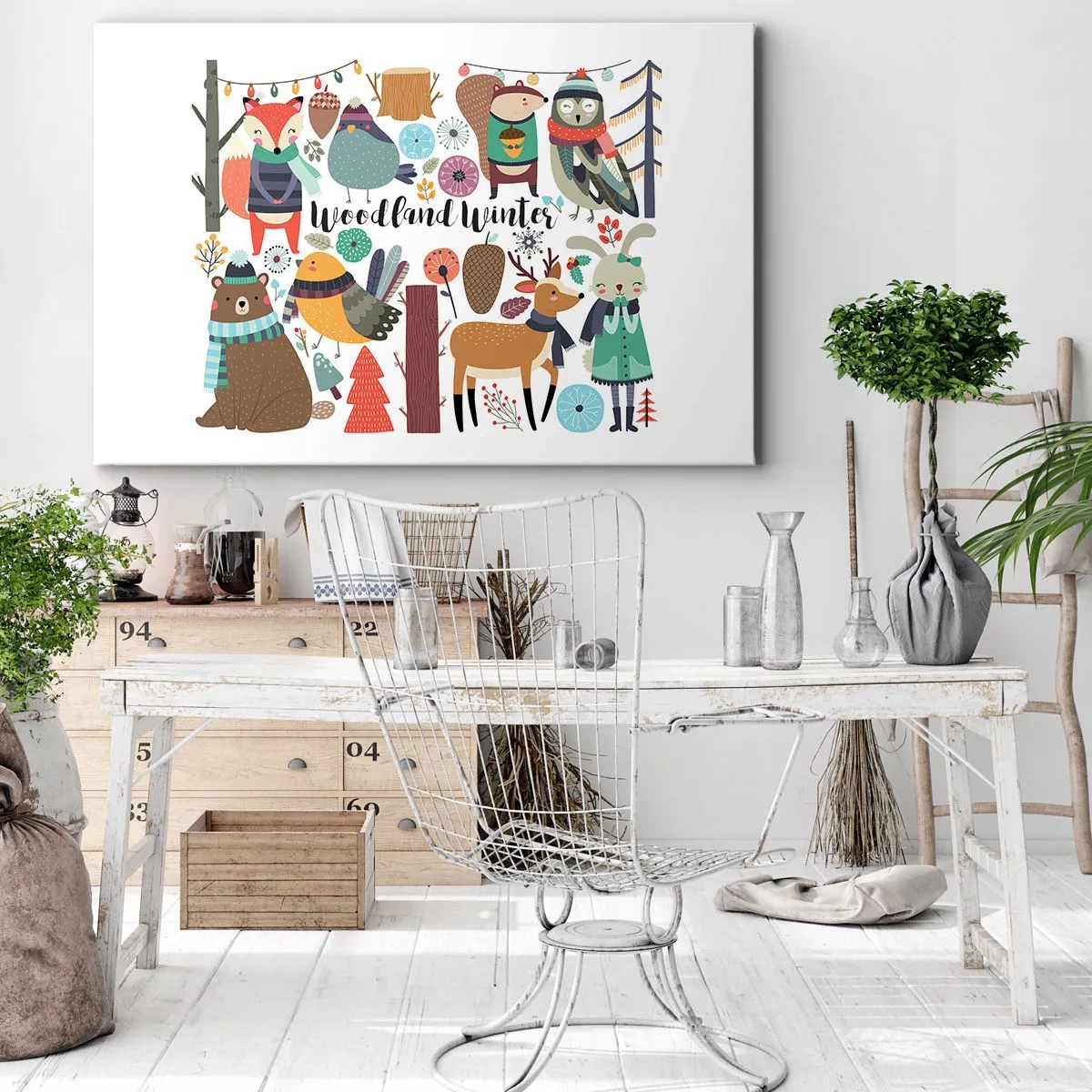 Bild auf Leinwand - Leinwandbild - Winterwaldtiere in farbenfrohen Grafiken - 120x80cm - Märchenhafter Urlaub im Wald - Moderne Wanddekoration für Wohnzimmer und Schlafzimmer ARTTOR