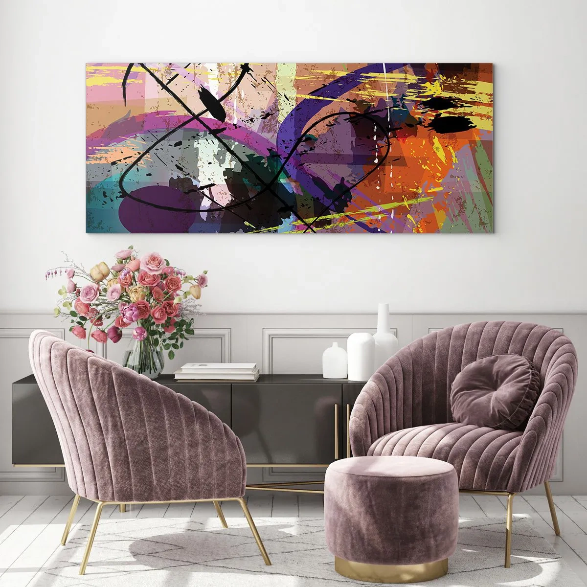 Glasbild - Bild auf glas - Ein farbenfrohes abstraktes Muster mit dynamischen Linien und Formen. - 140x50cm - Du kannst geradeaus oder umhergehen - Moderne Wanddekoration für Wohnzimmer und Schlafzimmer ARTTOR