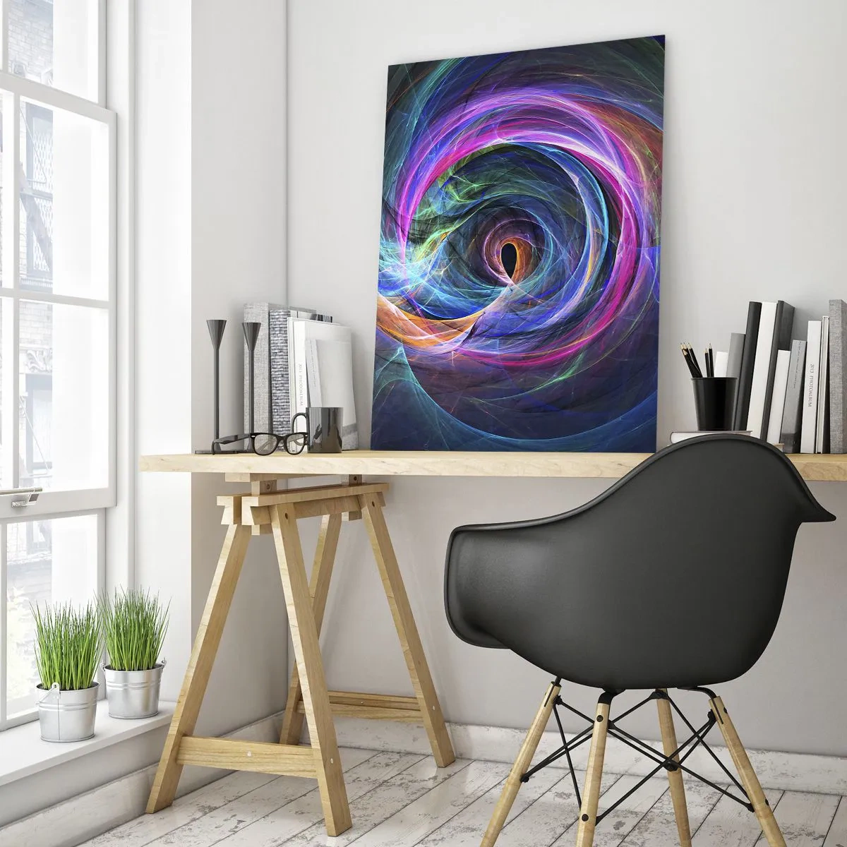 Glasbild - Bild auf glas - Eine abstrakte Spirale in intensiven Farben auf dunklem Hintergrund. - 50x70cm - Wohin wirst du mich bringen? - Moderne Wanddekoration für Wohnzimmer und Schlafzimmer ARTTOR