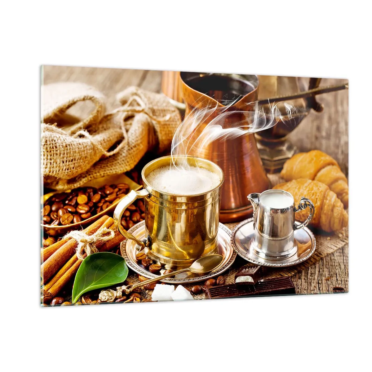 Glasbild - Bild auf glas - Eine goldene Tasse Kaffee mit Milch, umgeben von Körnern und Croissants - 120x80cm - Schönen Tag noch! - Moderne Wanddekoration für Wohnzimmer und Schlafzimmer ARTTOR