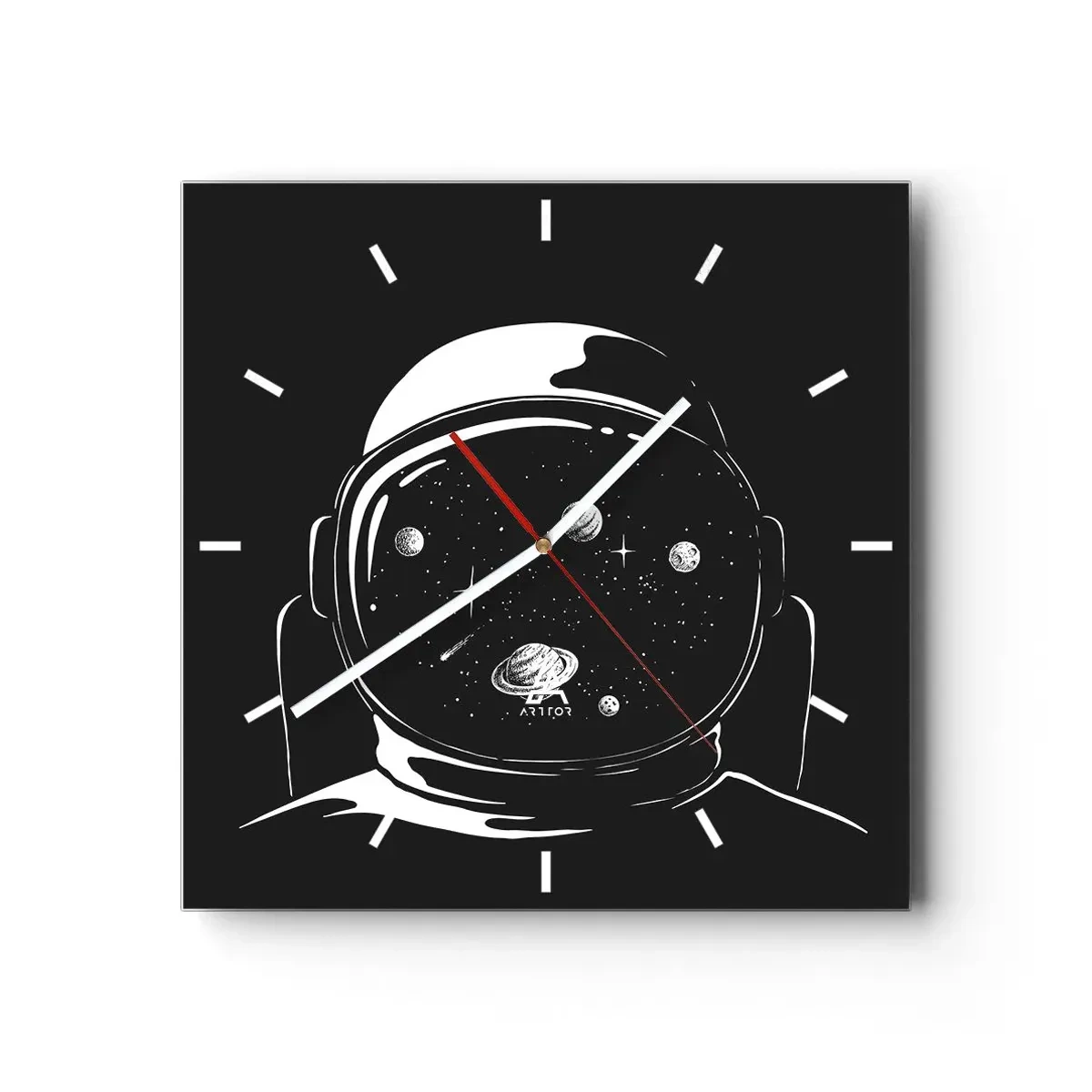 Wanduhr - Glasuhr - Ein minimalistischer Astronautenhelm mit Blick ins Weltall - 30x30cm - Schöne Aussicht - Moderne Wanddekoration für Wohnzimmer und Schlafzimmer ARTTOR