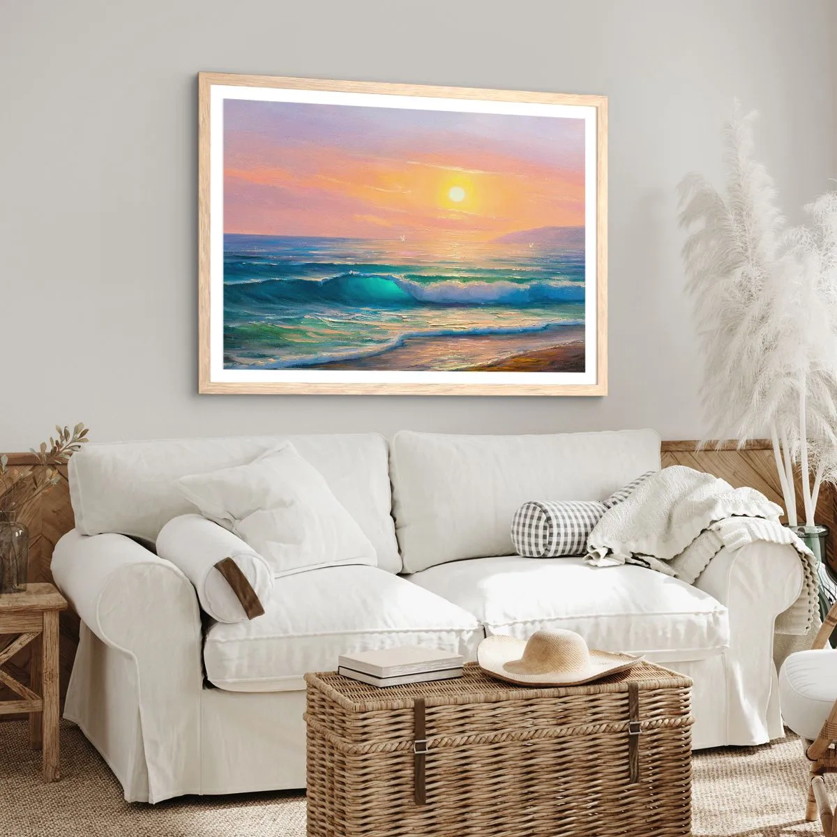 Poster in einem Rahmen aus heller Eiche - Ein türkisfarbenes Lied der Wellen - 100x70 cm