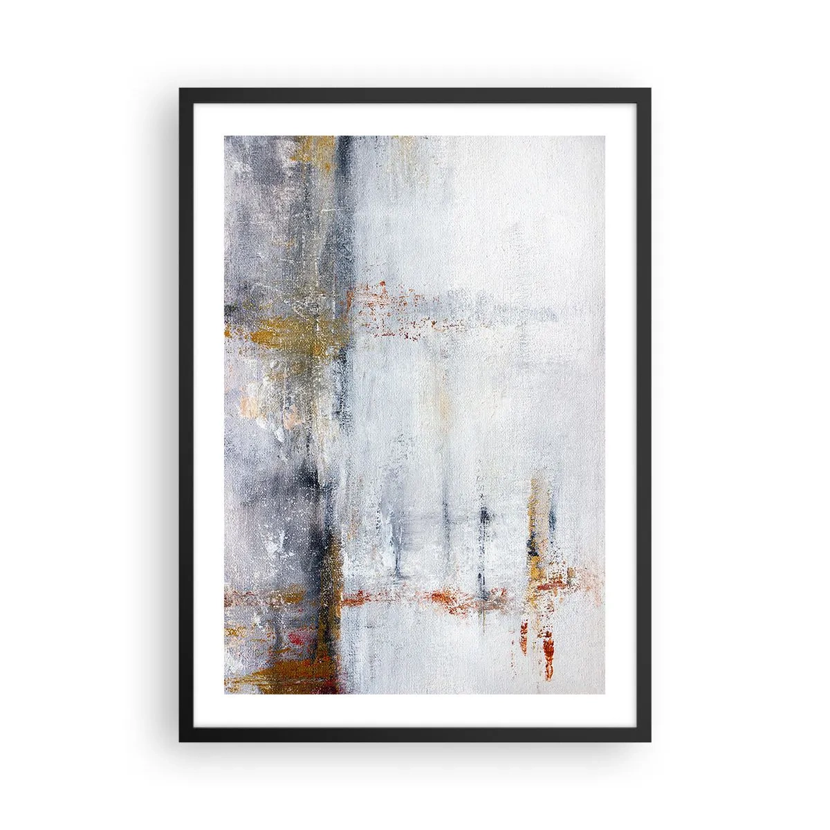 Poster in einem schwarzem Rahmen - Eine abstrakte Komposition mit Grau-, Weiß- und Goldtönen. - 50x70cm - Hinter dem Luftvorhang - Moderne Wanddekoration für Wohnzimmer und Schlafzimmer ARTTOR