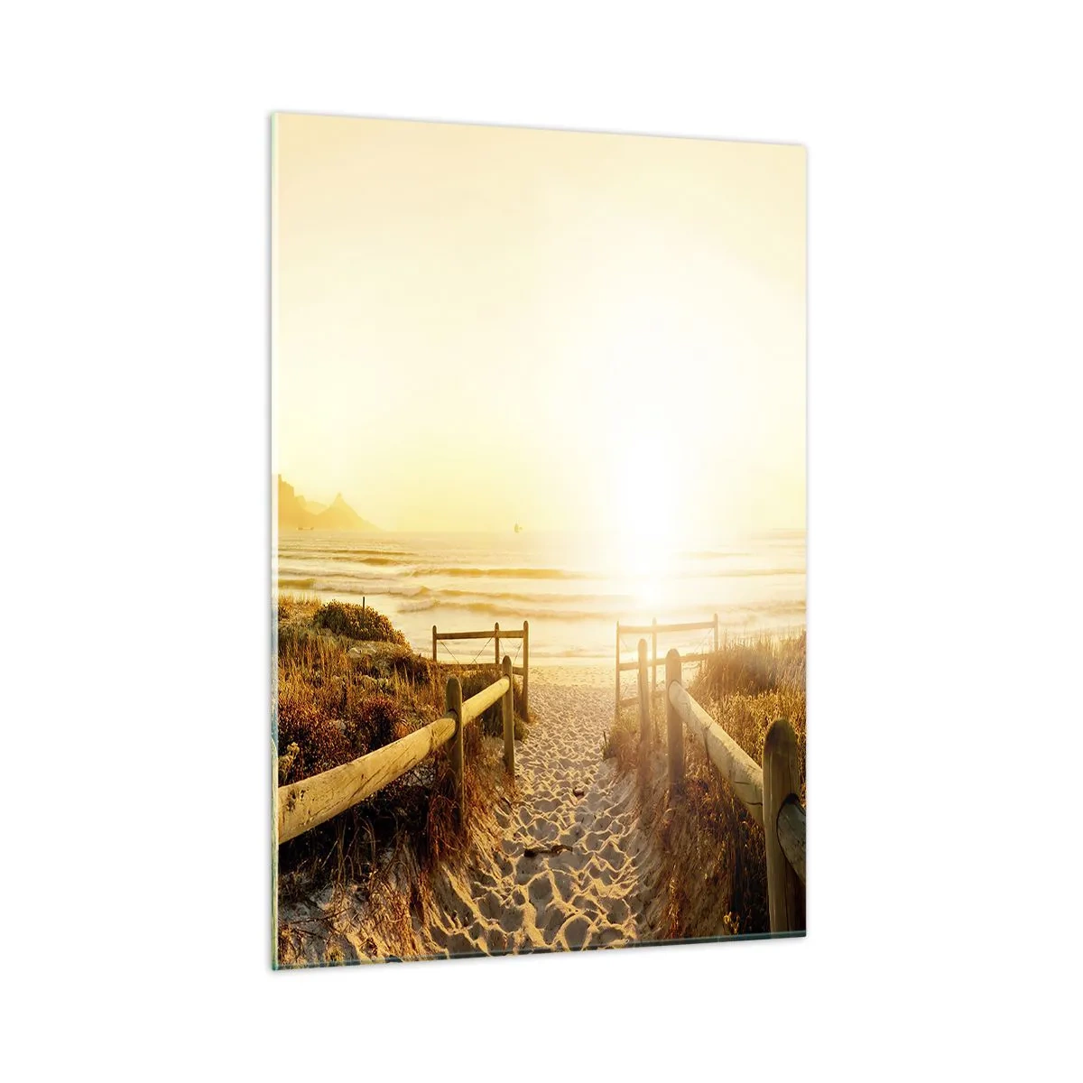 Glasbild - Bild auf glas - Weg über die Düne zum Strand bei Sonnenuntergang - 50x70cm - Über die Düne, der Sonne entgegen - Moderne Wanddekoration für Wohnzimmer und Schlafzimmer ARTTOR
