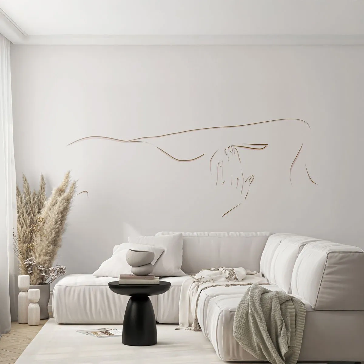 Fototapete Premium Sand - Eine minimalistische Zeichnung eines weiblichen Körpers auf hellem Hintergrund. - 100x70cm - Die Form des Verlangens - Moderne Wanddekoration für Wohnzimmer und Schlafzimmer ARTTOR