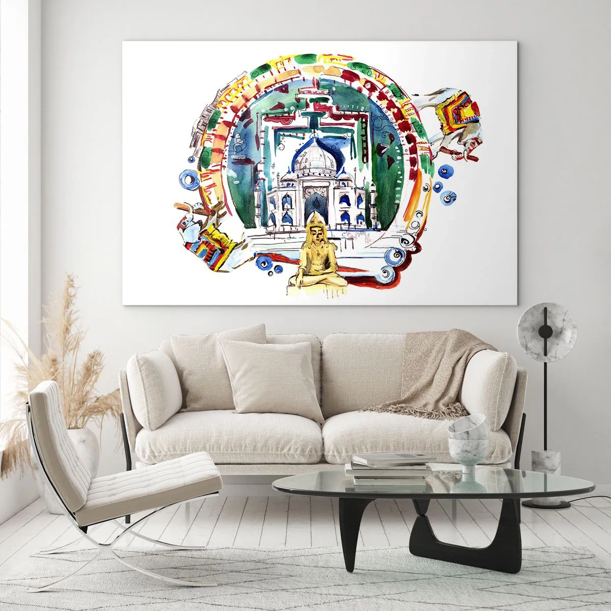 Glasbild - Bild auf glas - Bunte Illustration indischer Wahrzeichen im Aquarellstil - 70x50cm - Hinduistisches Weltgleichgewicht - Moderne Wanddekoration für Wohnzimmer und Schlafzimmer ARTTOR