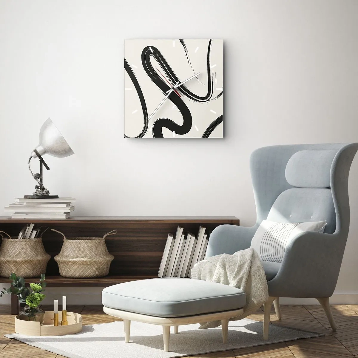 Wanduhr - Glasuhr - Schwarz-weiße geschwungene Linien auf hellem Hintergrund - 30x30cm - Schwarz-Weiß-Laune - Moderne Wanddekoration für Wohnzimmer und Schlafzimmer ARTTOR