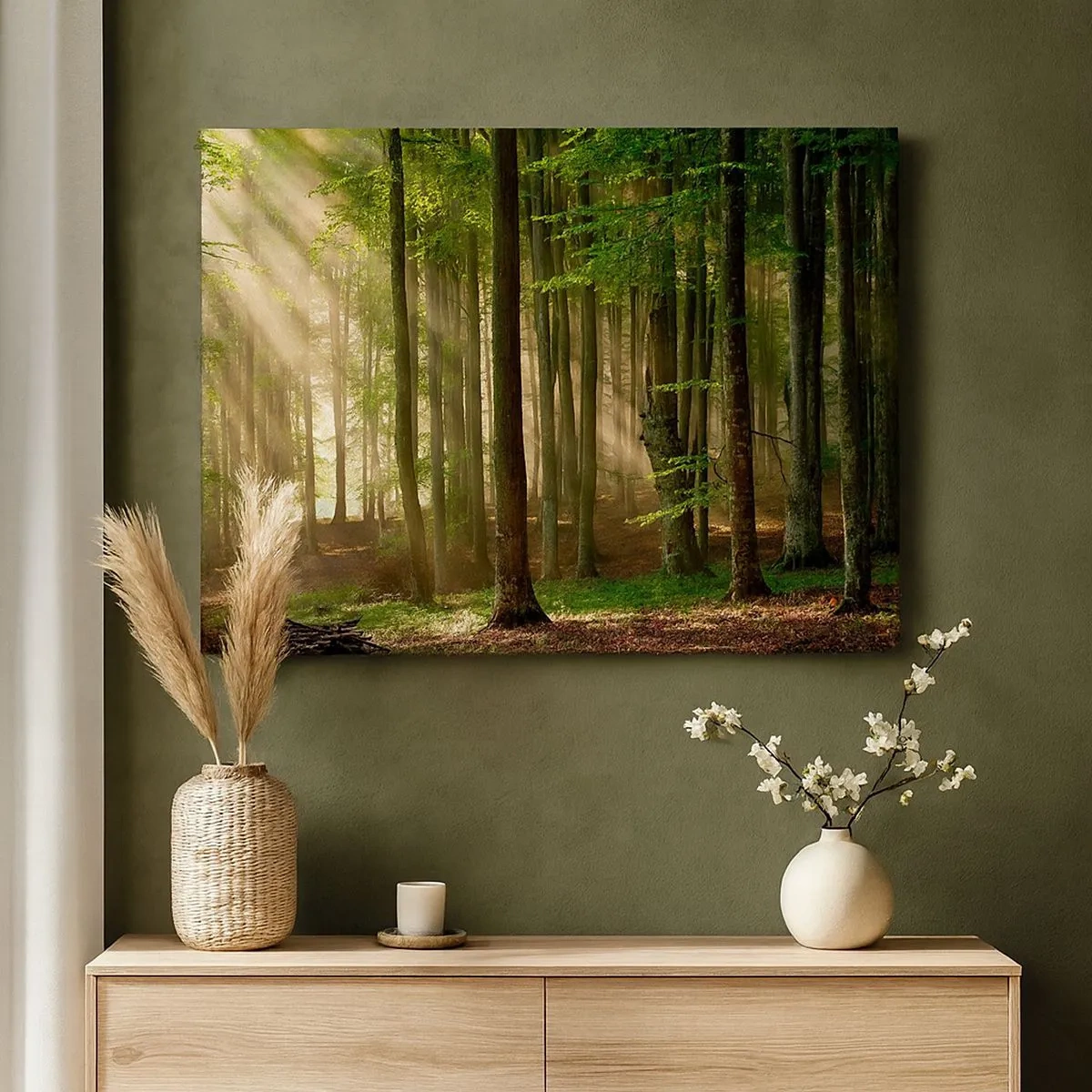 Bild auf Leinwand - Leinwandbild - Sonnenstrahlen dringen durch die Bäume im Wald - 70x50cm - Strahlend an einem Frühlingsmorgen - Moderne Wanddekoration für Wohnzimmer und Schlafzimmer ARTTOR