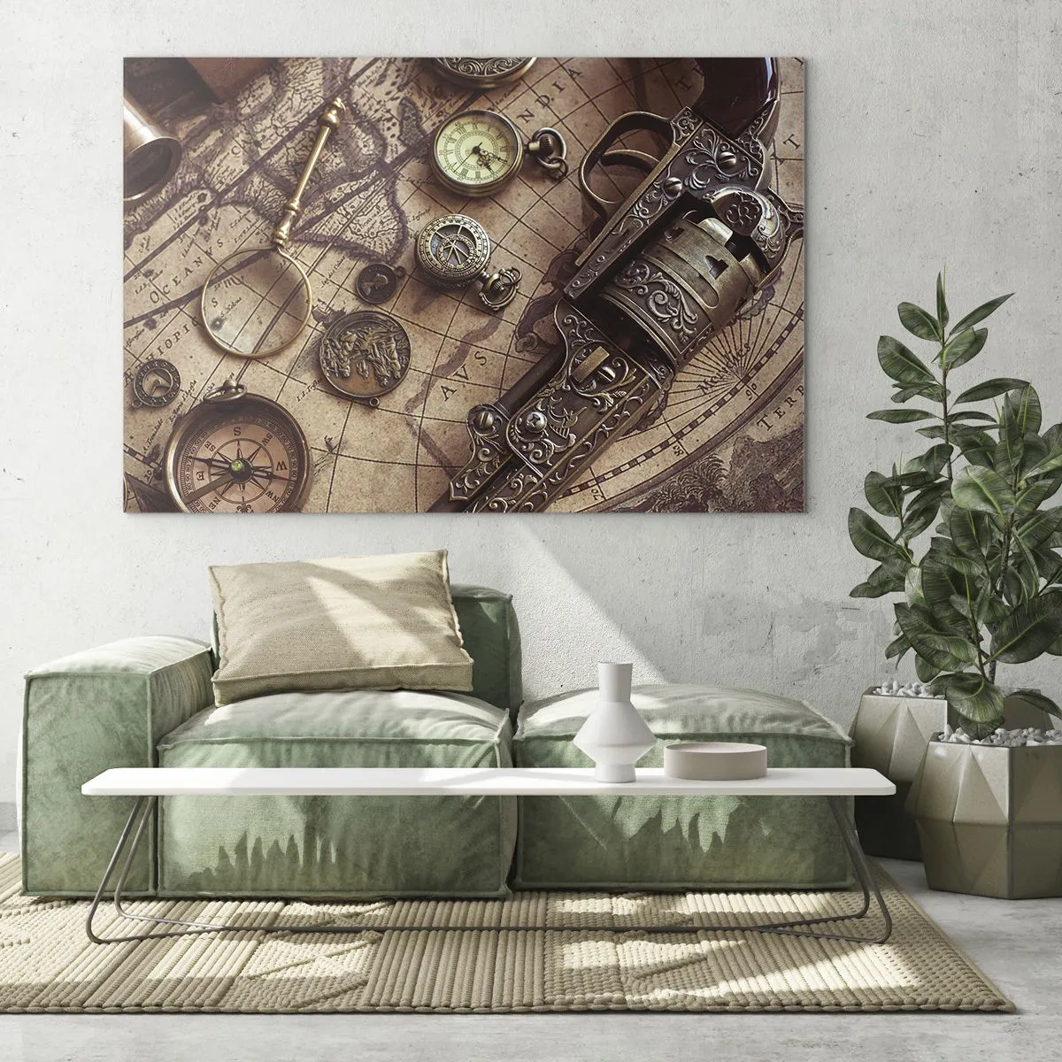 Glasbild - Bild auf glas - Antike Objekte und eine Karte - 70x50cm - Das Abenteuer ruft - Moderne Wanddekoration für Wohnzimmer und Schlafzimmer ARTTOR