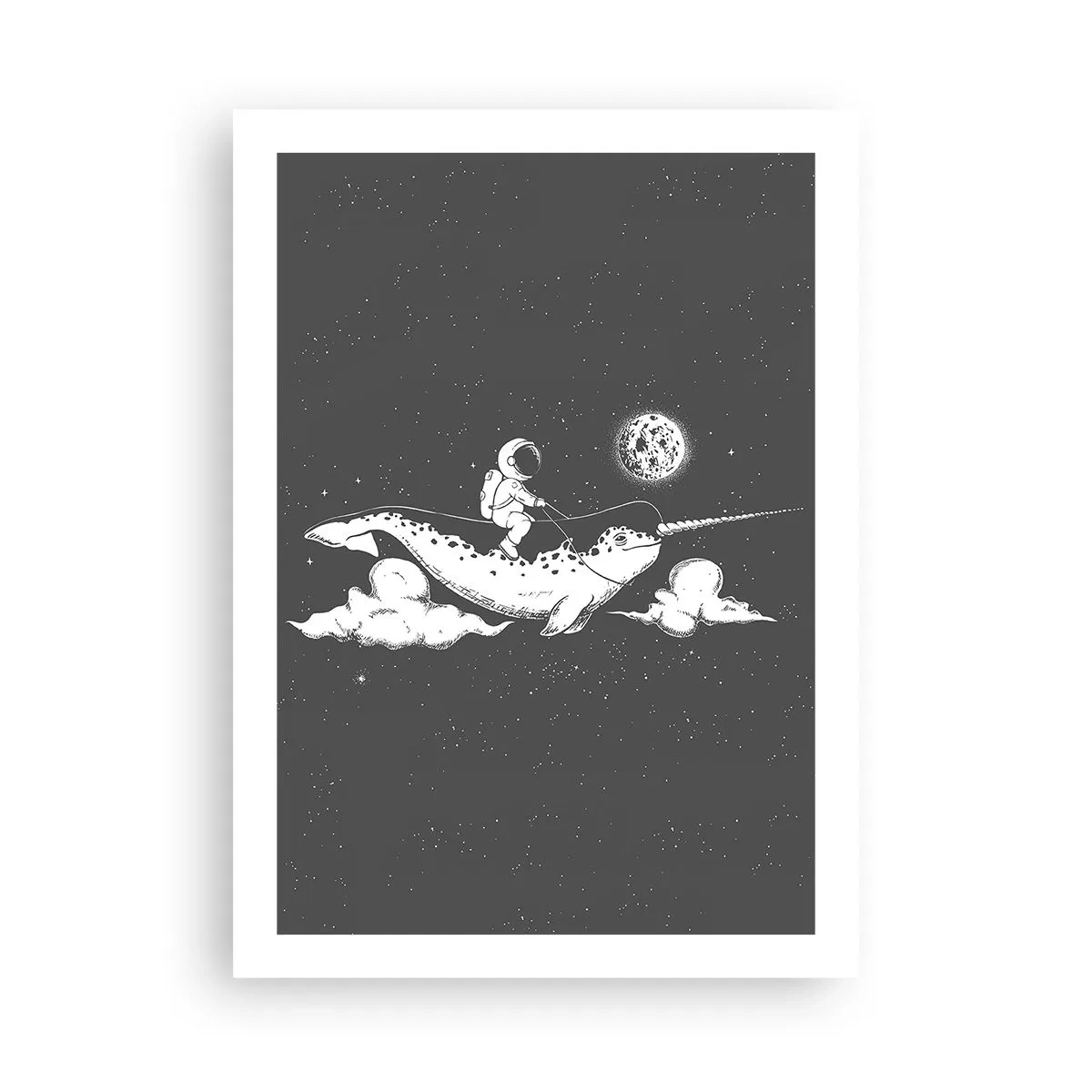 Poster - Astronaut auf dem Rücken eines Narwals im Weltraum - 50x70cm - Weltraumreiter - Moderne Wanddekoration für Wohnzimmer und Schlafzimmer ARTTOR