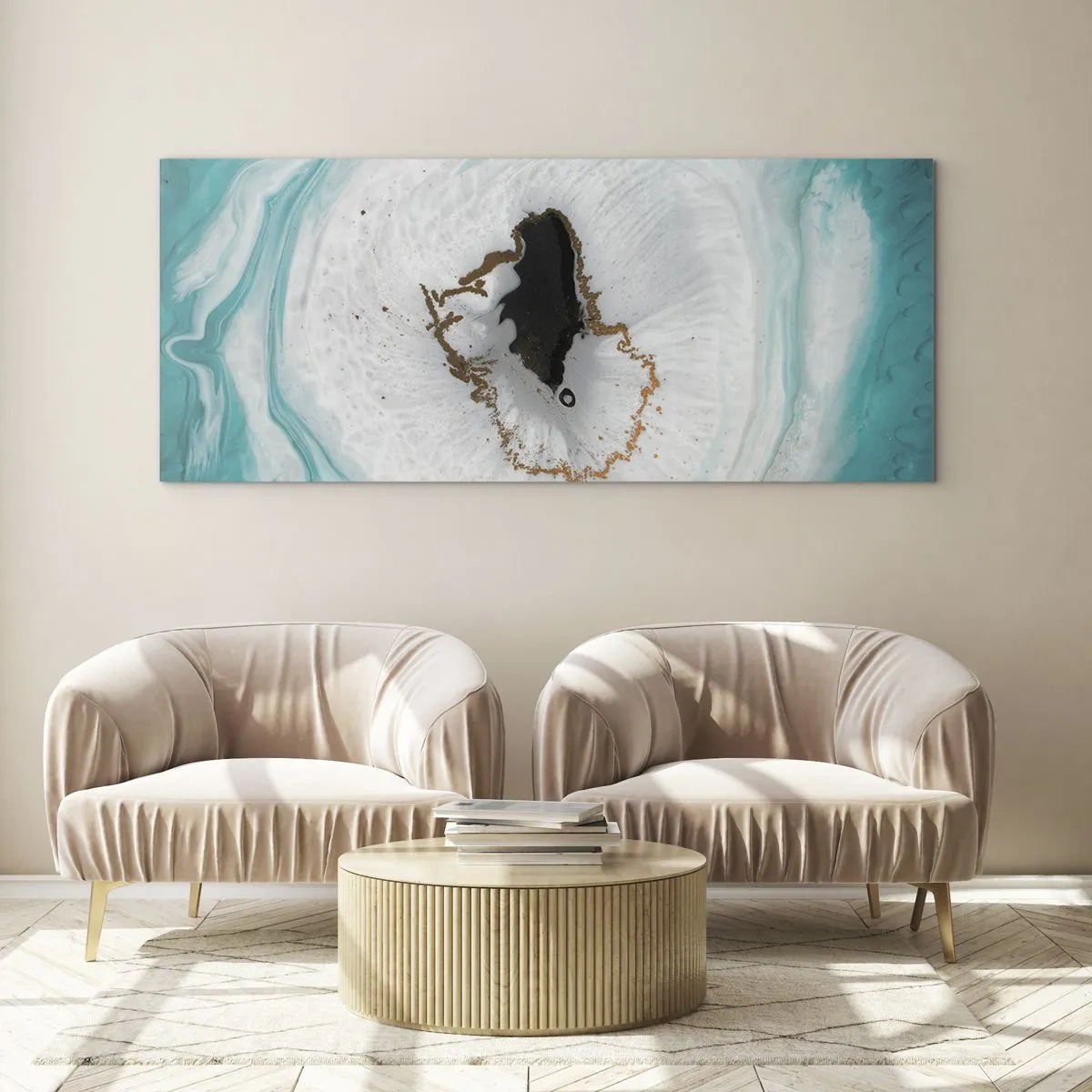 Glasbild - Bild auf glas - Abstraktes Geodenmotiv in Türkis-, Weiß- und Goldtönen - 160x50cm - Nach Innen eindringen - Moderne Wanddekoration für Wohnzimmer und Schlafzimmer ARTTOR