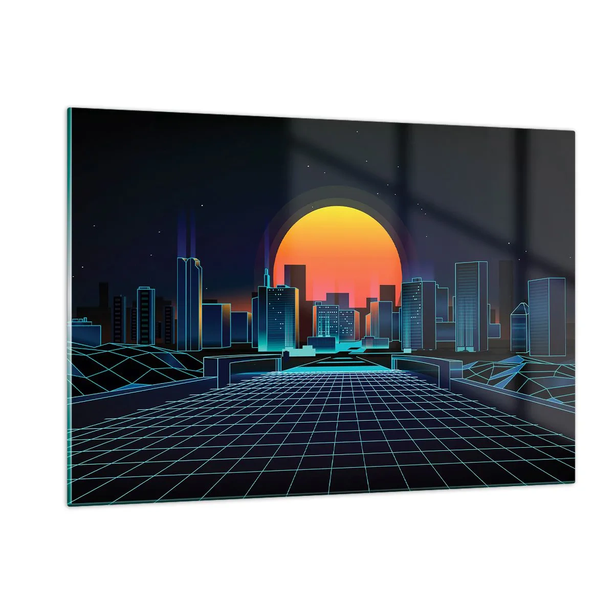 Glasbild - Bild auf glas - Futuristisches Stadtpanorama mit Sonnenuntergang - 120x80cm - Willst du immer noch zu Real gehen? - Moderne Wanddekoration für Wohnzimmer und Schlafzimmer ARTTOR