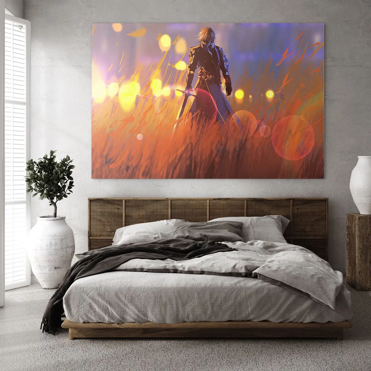 Glasbild - Bild auf glas - Eine Figur in Rüstung inmitten orangefarbenen Grases vor leuchtendem Hintergrund. - 70x50cm - Fahrender Ritter - Moderne Wanddekoration für Wohnzimmer und Schlafzimmer ARTTOR