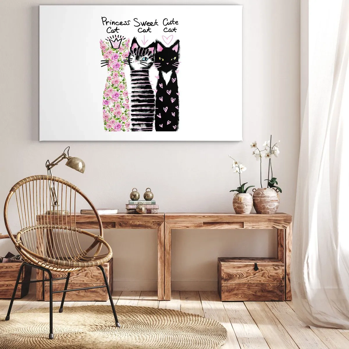 Bild auf Leinwand - Leinwandbild - Drei Katzen mit verschiedenen künstlerischen Mustern - 70x50cm - Es waren drei Katzen - Moderne Wanddekoration für Wohnzimmer und Schlafzimmer ARTTOR