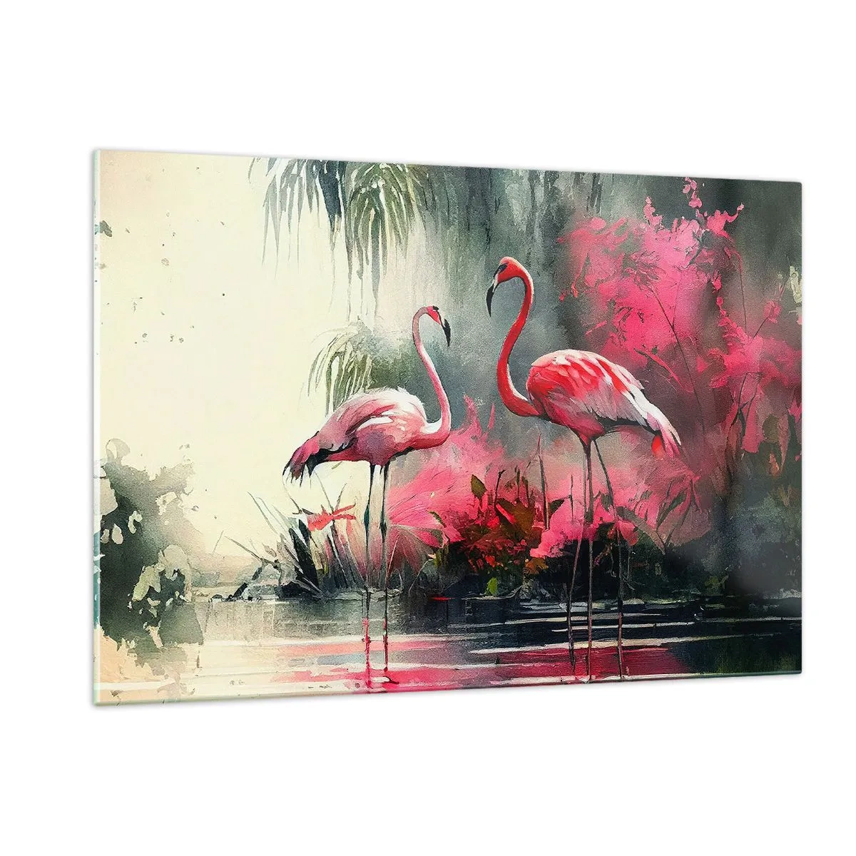 Glasbild - Bild auf glas - Zwei Flamingos in tropischer Umgebung am Wasser - 120x80cm - Lektion in natürlicher Anmut - Moderne Wanddekoration für Wohnzimmer und Schlafzimmer ARTTOR