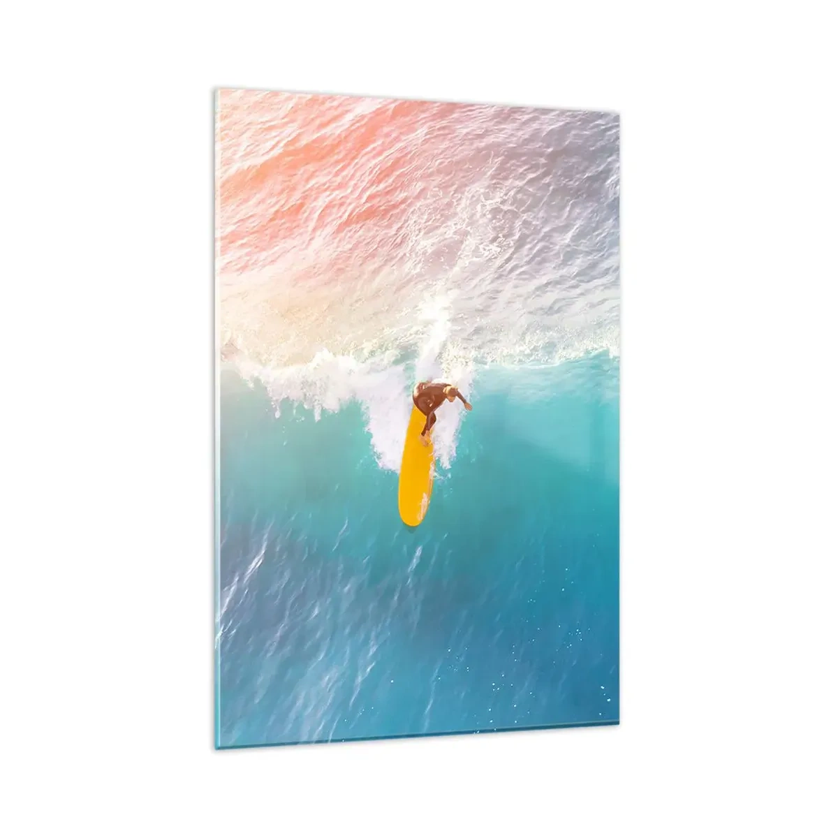 Glasbild - Bild auf glas - Surfer auf einer Welle in Pastellfarben - 80x120cm - Der Ozeanreiter - Moderne Wanddekoration für Wohnzimmer und Schlafzimmer ARTTOR
