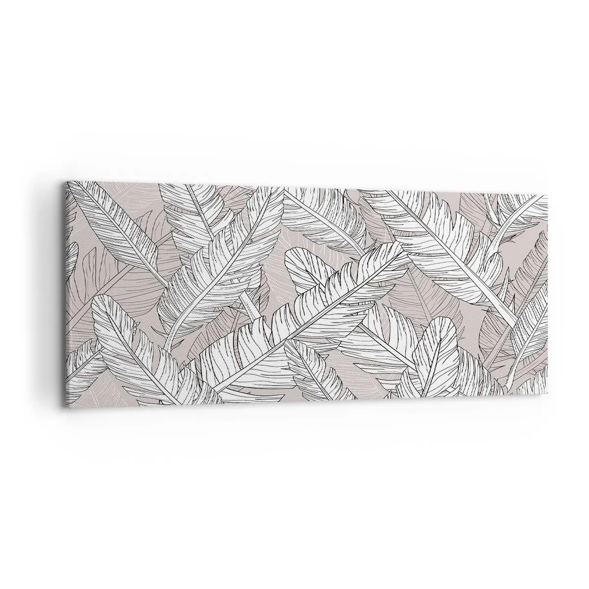 Bild auf Leinwand - Leinwandbild - Schwarz-weißes Muster mit Bananenblättern auf hellem Hintergrund - 120x50cm - Ein Federwirbel - Moderne Wanddekoration für Wohnzimmer und Schlafzimmer ARTTOR