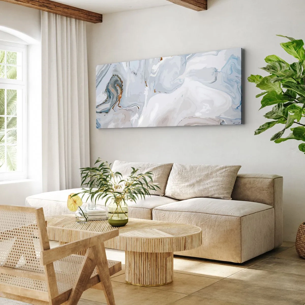Bild auf Leinwand - Leinwandbild - Abstrakte Wellen in Blau- und Weißtönen - 160x50cm - Das Weiß wird erhoben - Moderne Wanddekoration für Wohnzimmer und Schlafzimmer ARTTOR