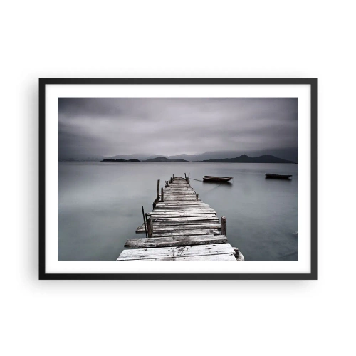 Poster in einem schwarzem Rahmen - Eine Holzbrücke, die zur ruhigen Oberfläche des Sees führt - 70x50cm - Du kannst morgen gehen - Moderne Wanddekoration für Wohnzimmer und Schlafzimmer ARTTOR