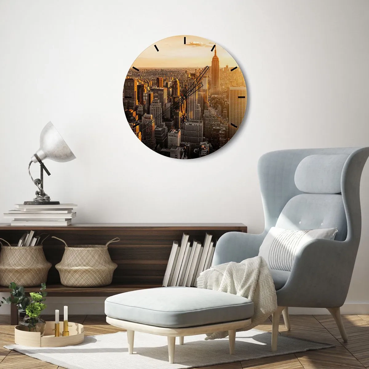 Wanduhr - Glasuhr - Panorama der New Yorker Wolkenkratzer bei Sonnenuntergang - 30x30cm - In der Sonne wachsen - Moderne Wanddekoration für Wohnzimmer, Küche und Schlafzimmer ARTTOR