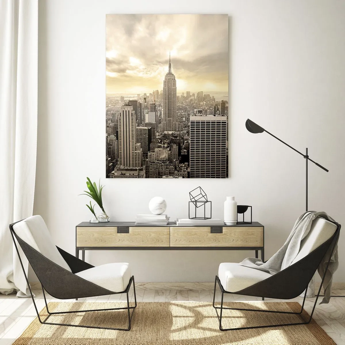 Glasbild - Bild auf glas - Panorama der Stadt mit Blick auf das Empire State Building - 70x100cm - New York aus Grau - Moderne Wanddekoration für Wohnzimmer und Schlafzimmer ARTTOR
