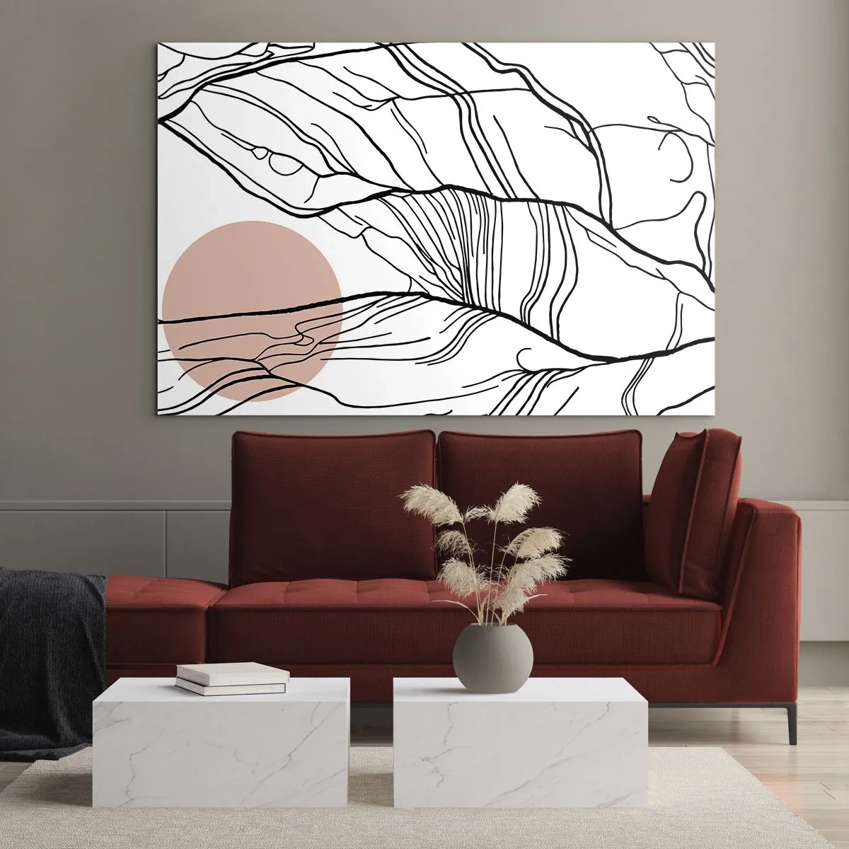 Glasbild - Bild auf glas - Schattige Zweiglinien mit beiger Sonne - 100x70cm - In einem Netz aus Zweigen - Moderne Wanddekoration für Wohnzimmer und Schlafzimmer ARTTOR