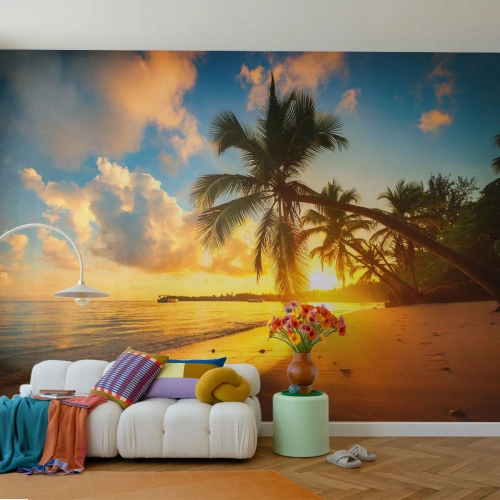 Selbstklebende Fototapete Deluxe Sticker - Karibischer Traum - Landschaft, Kokusnuss-Palme, Meer - 350x256 cm