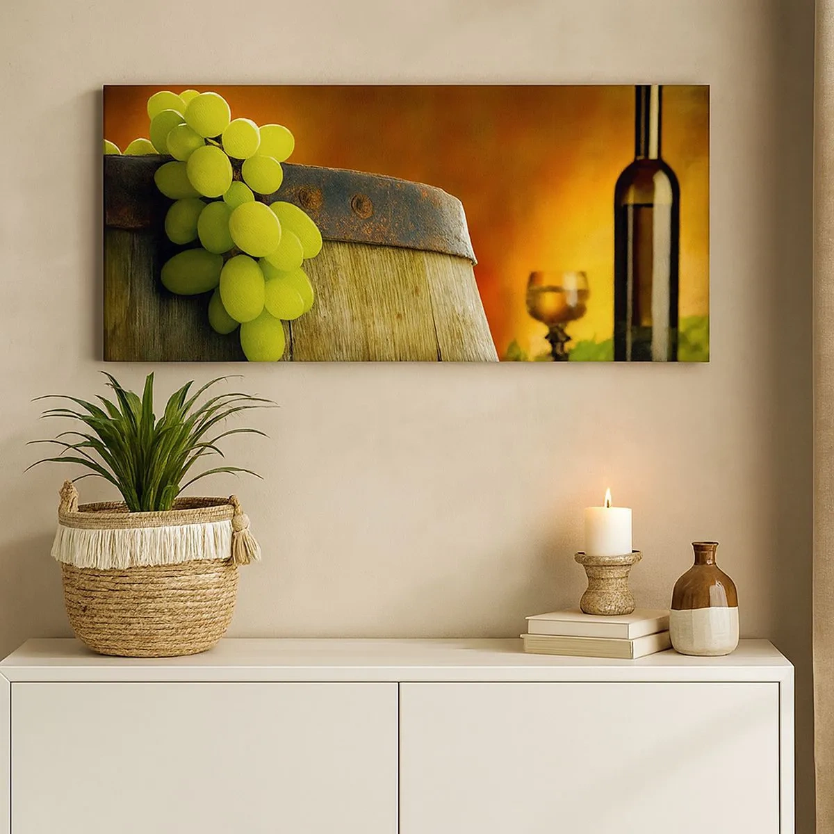 Bild auf Leinwand - Leinwandbild - Stillleben mit einer Flasche Wein und einer Weintraube - 100x40 cm