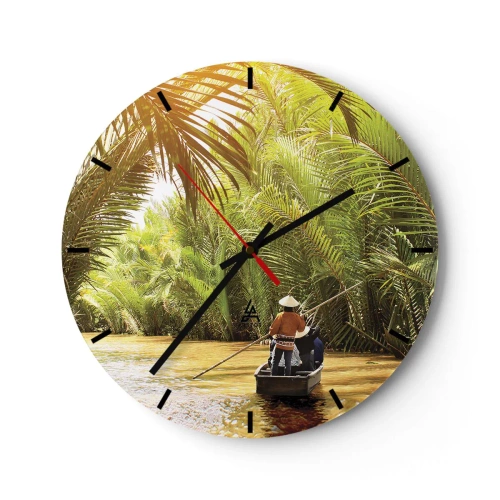 Wanduhr - Glasuhr - Menschen auf einem Boot, das durch einen dichten Palmenwald segelt - 30x30cm - Eine Palmenschlucht entlang - Moderne Wanddekoration für Wohnzimmer, Küche und Schlafzimmer ARTTOR