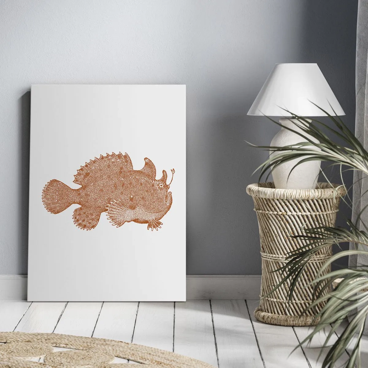 Bild auf Leinwand - Leinwandbild - Detaillierte Zeichnung eines kupferfarbenen Fisches auf weißem Hintergrund - 70x100cm - Es ist also doch ein Fisch - Moderne Wanddekoration für Wohnzimmer und Schlafzimmer ARTTOR