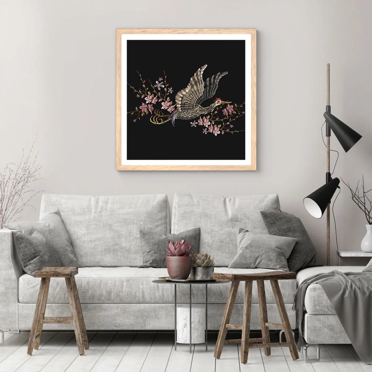 Poster in einem Rahmen aus heller Eiche - Exotischer gestickter Vogel - 40x40 cm