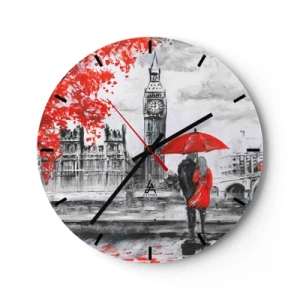 Wanduhr - Glasuhr - Ein Paar unter einem roten Regenschirm mit Big Ben und den Houses of Parliament im Hintergrund. - 30x30cm - Verliebt in London - Moderne Wanddekoration für Wohnzimmer, Küche und Schlafzimmer ARTTOR
