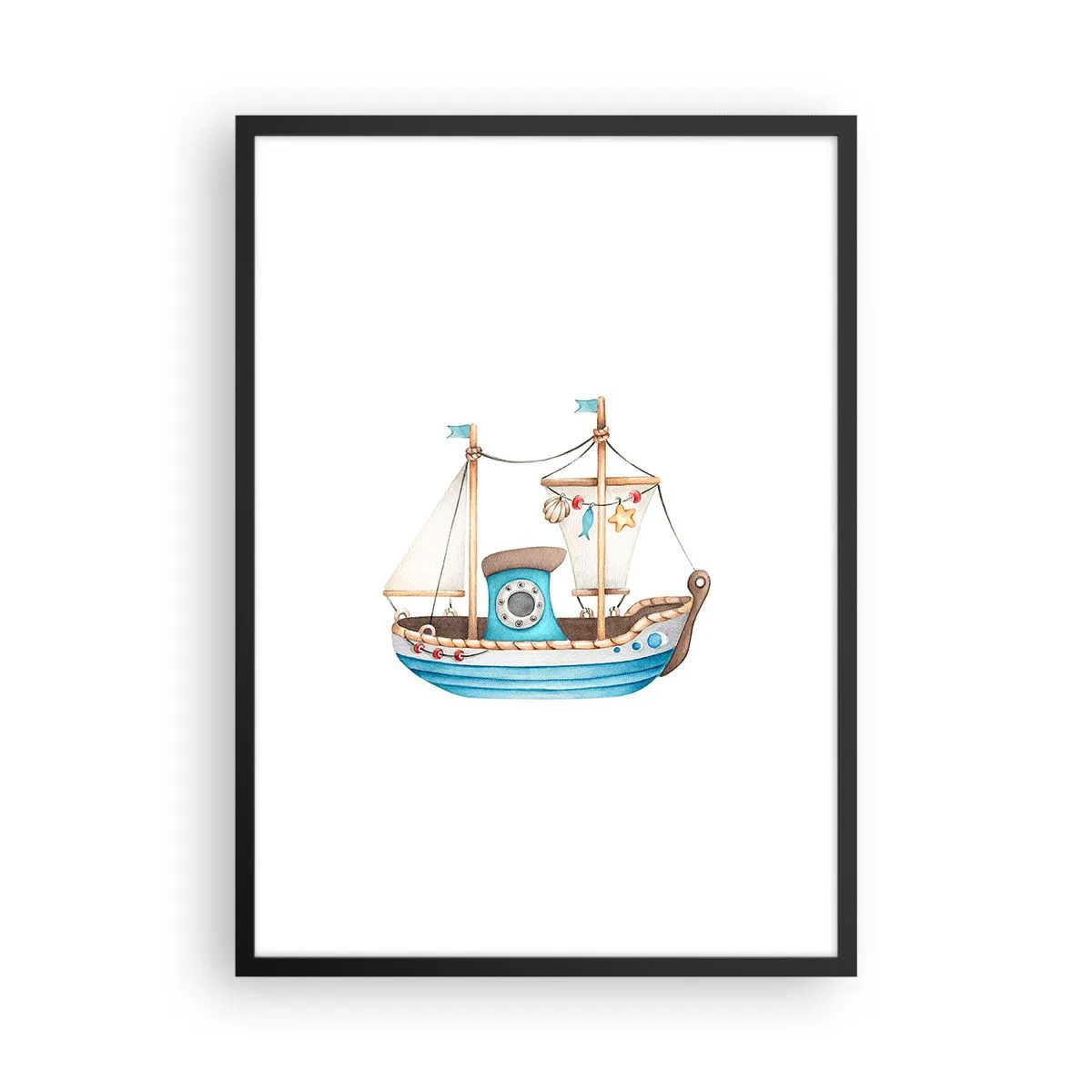 Poster in einem schwarzem Rahmen - Aquarellschiff in Pastelltönen von Blau und Beige - 50x70cm - Ahoi, Abenteuer! - Moderne Wanddekoration für Wohnzimmer und Schlafzimmer ARTTOR