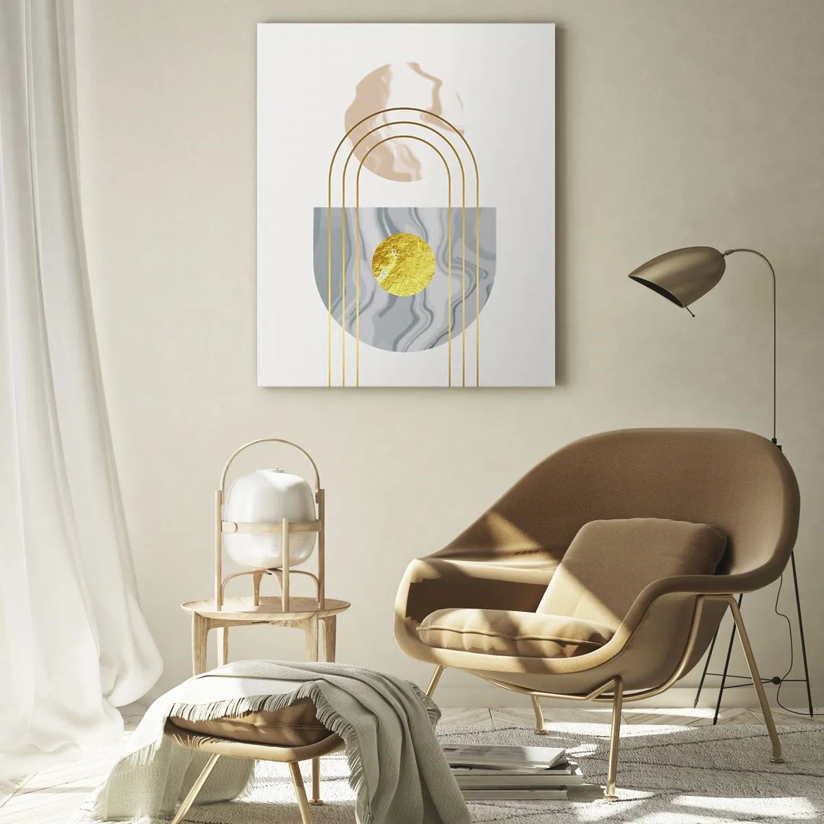 Glasbild - Bild auf glas - Abstrakte Komposition mit Kreisen und goldenen Linien auf hellem Hintergrund. - 70x100cm - Helligkeit und Brillanz - Moderne Wanddekoration für Wohnzimmer und Schlafzimmer ARTTOR